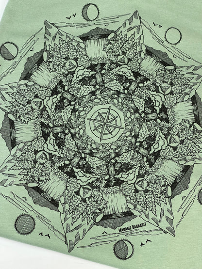 Mandala design with geometric patterns on a green background