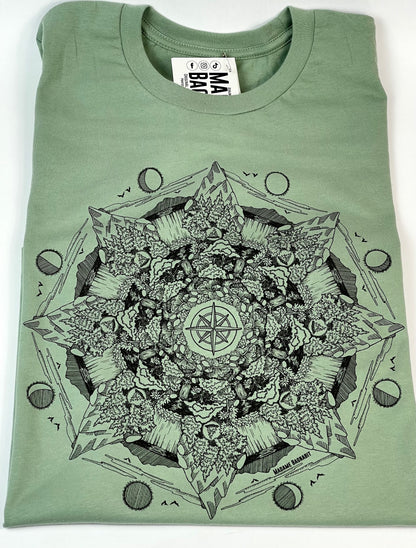 Green t-shirt with black mandala design on a white background
