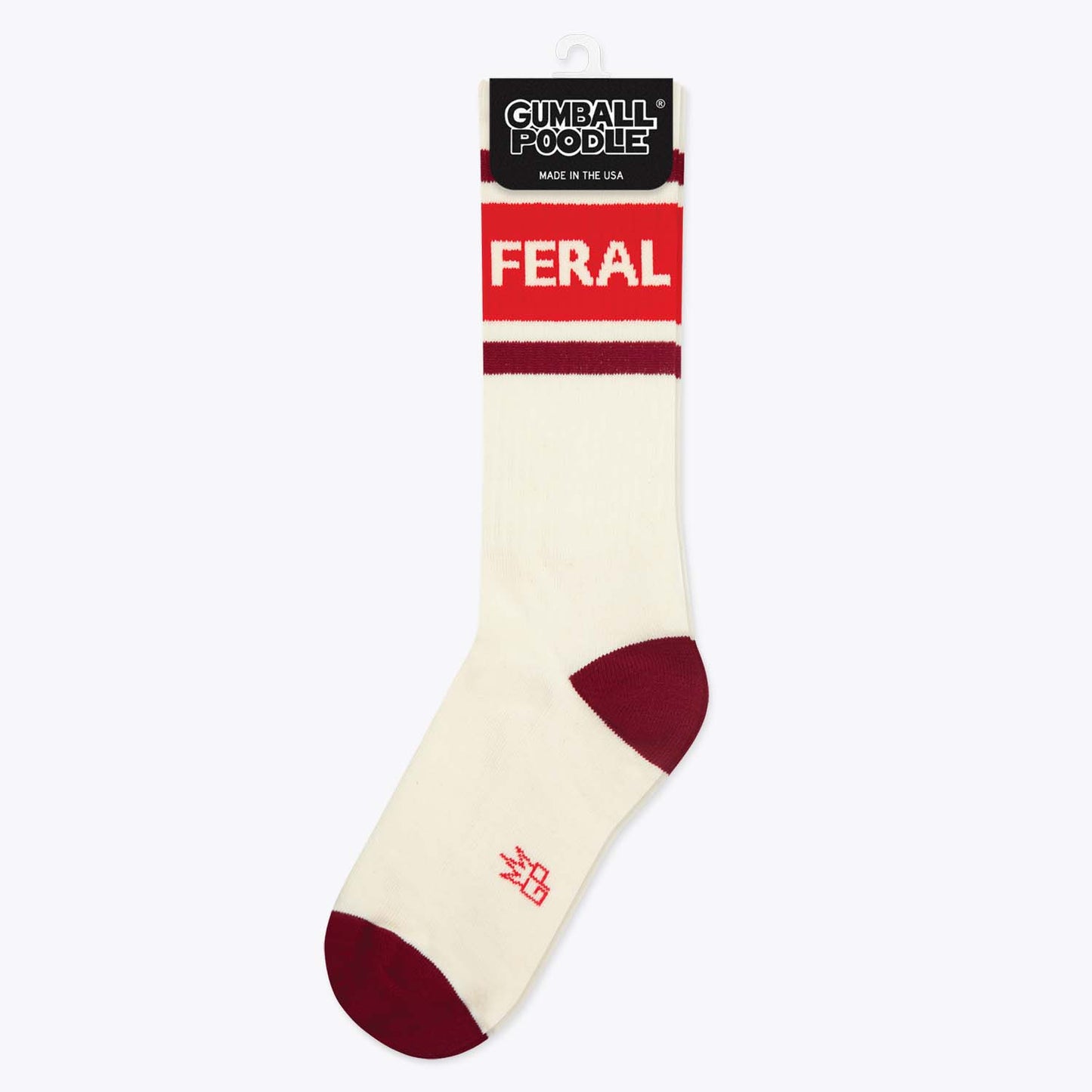 White sock with red accents and 'Feral' branding on a white background