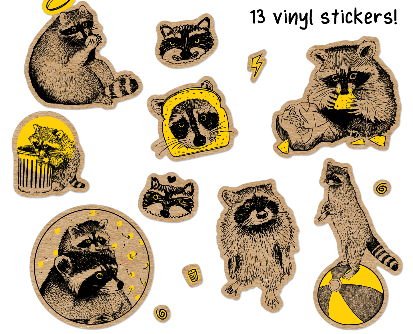 Hand-Drawn Raccoons Sticker Sheet - Waterproof Vinyl