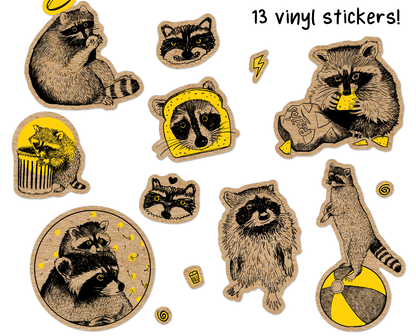 Hand-Drawn Raccoons Sticker Sheet - Waterproof Vinyl