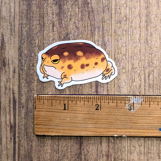 Sticker of a frog on a wooden surface with a ruler for scale.