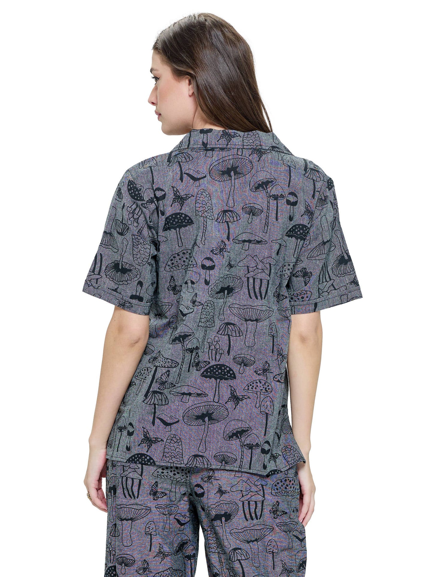 Button up Mushroom Print Unisex Blouse Shirt