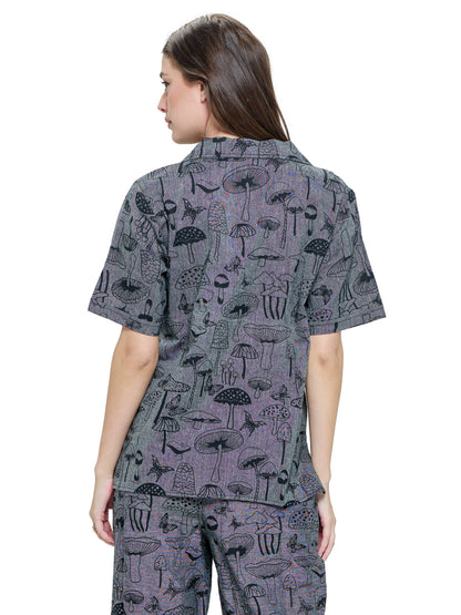 Button up Mushroom Print Unisex Blouse Shirt