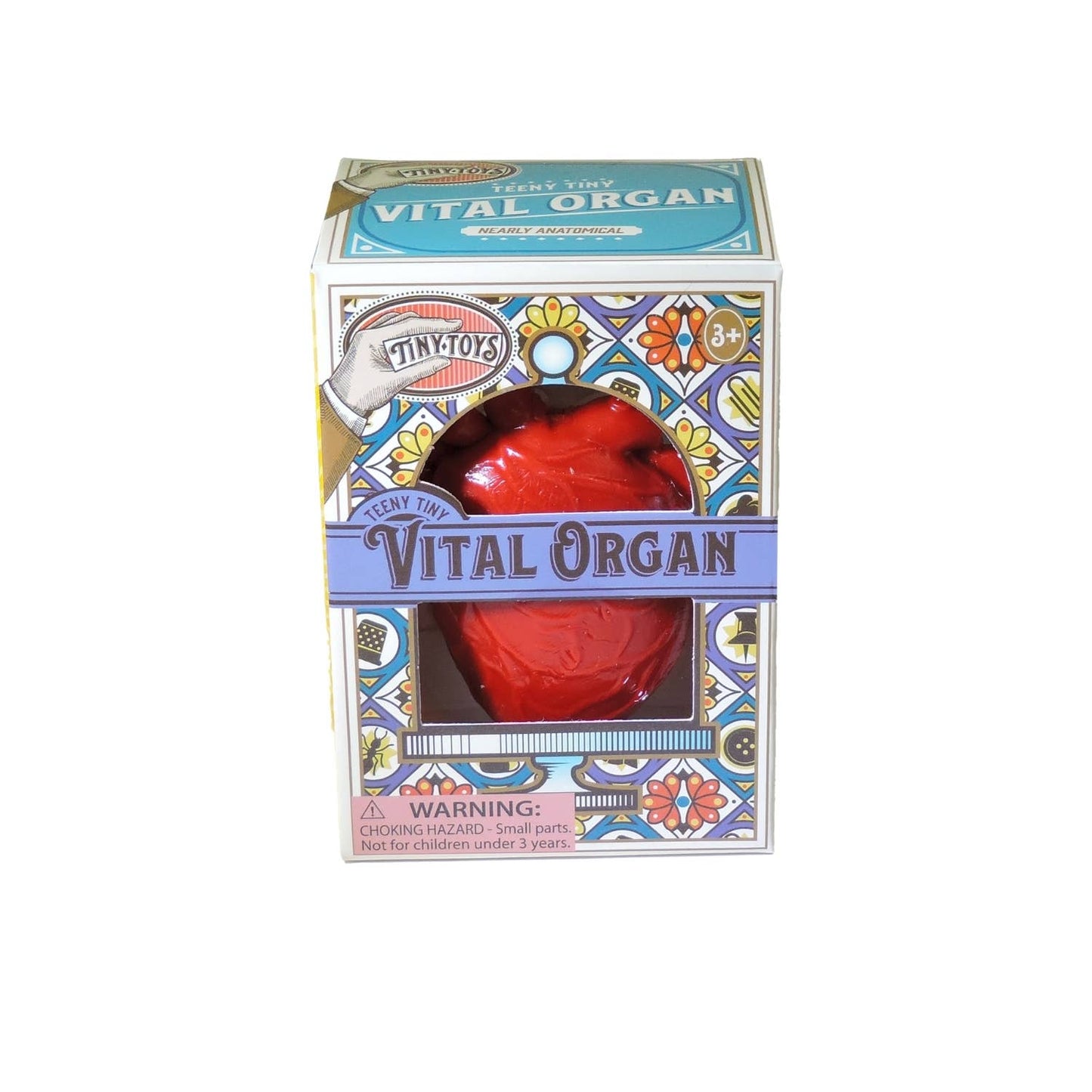 Red toy resembling a heart in a decorative box with 'Vital Organ' text on a white background