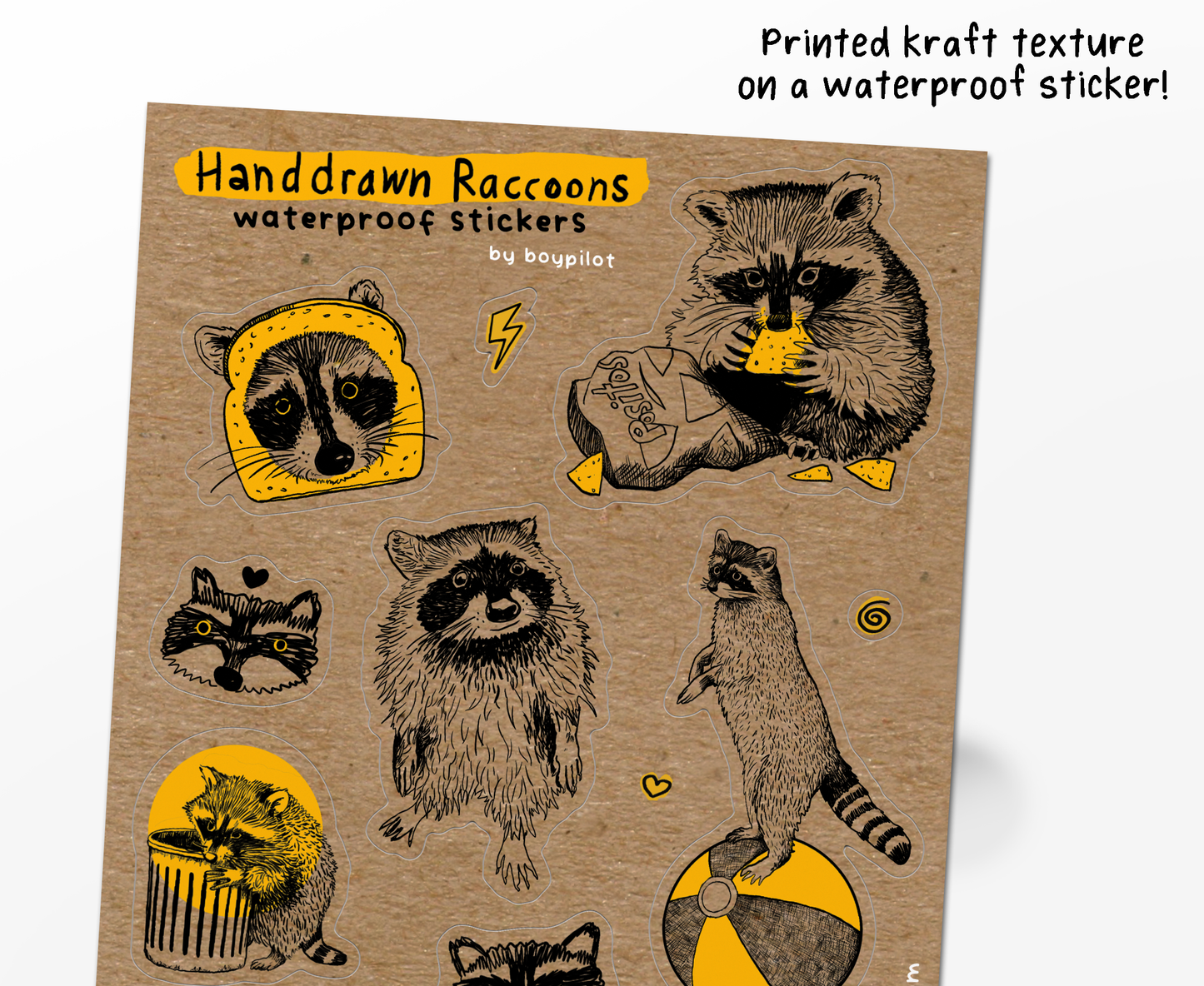 Hand-Drawn Raccoons Sticker Sheet - Waterproof Vinyl