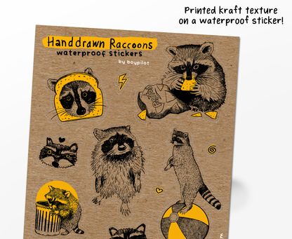 Hand-Drawn Raccoons Sticker Sheet - Waterproof Vinyl