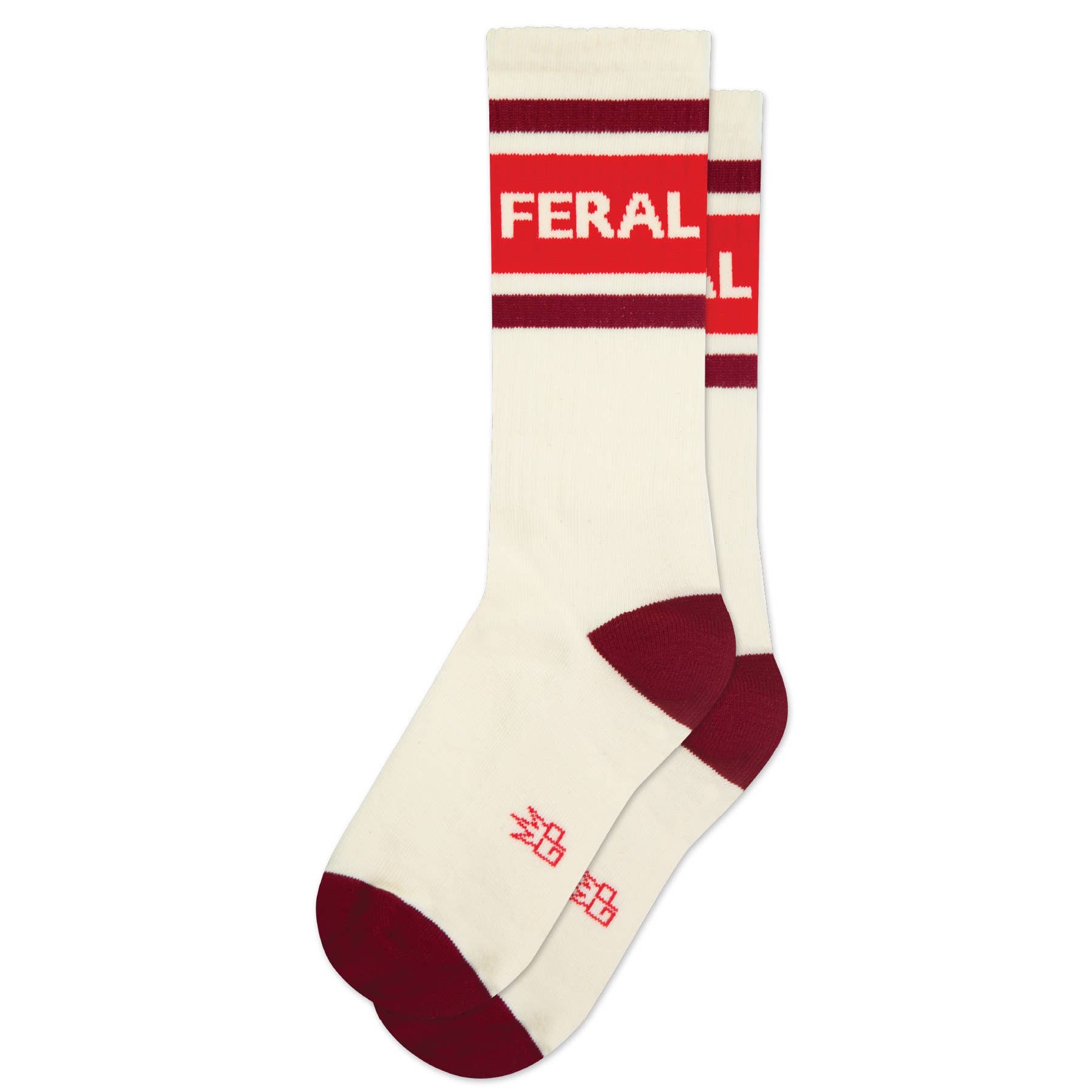 White sock with red and maroon accents and 'FERAL' branding on a white background
