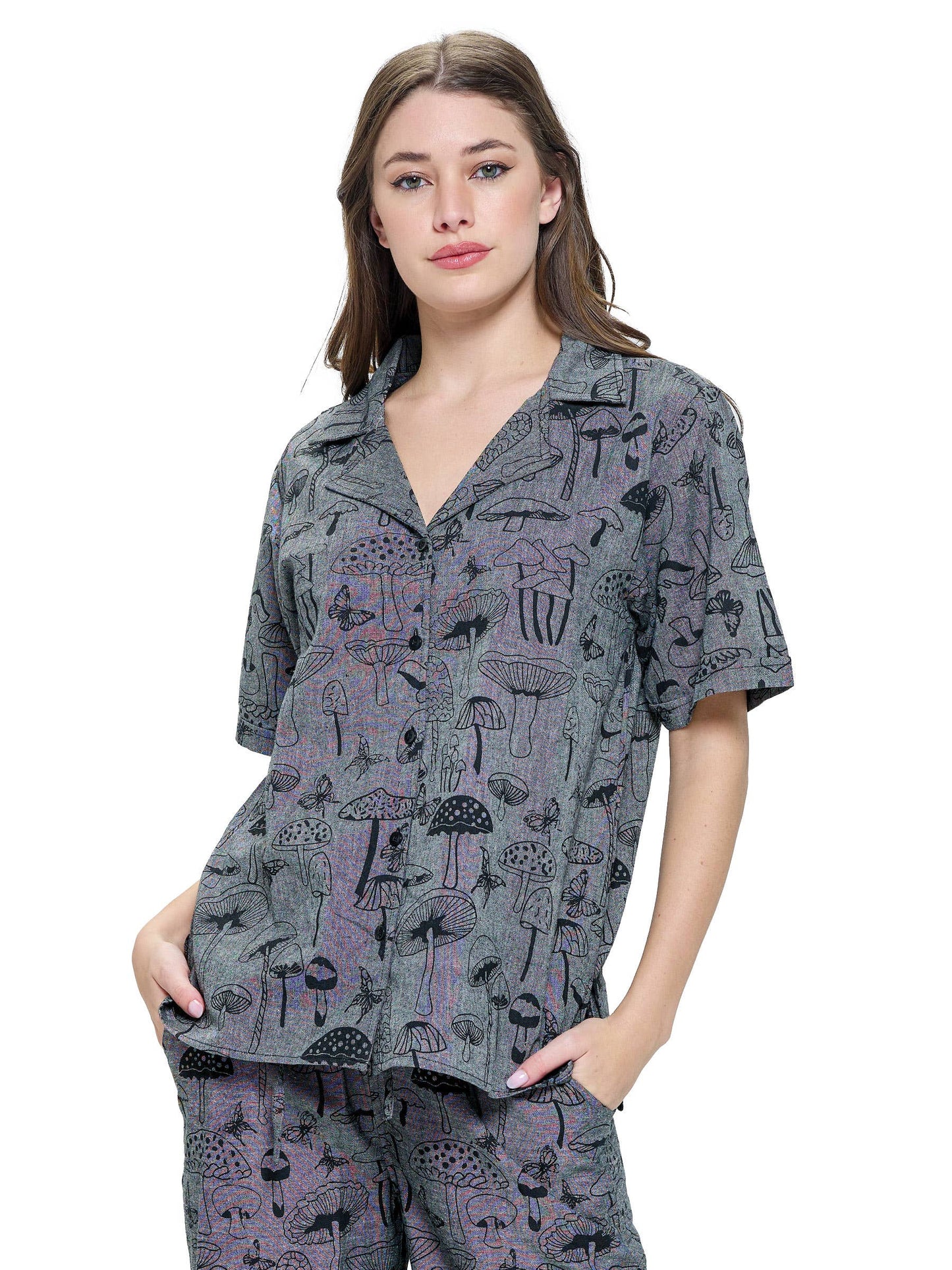 Button up Mushroom Print Unisex Blouse Shirt