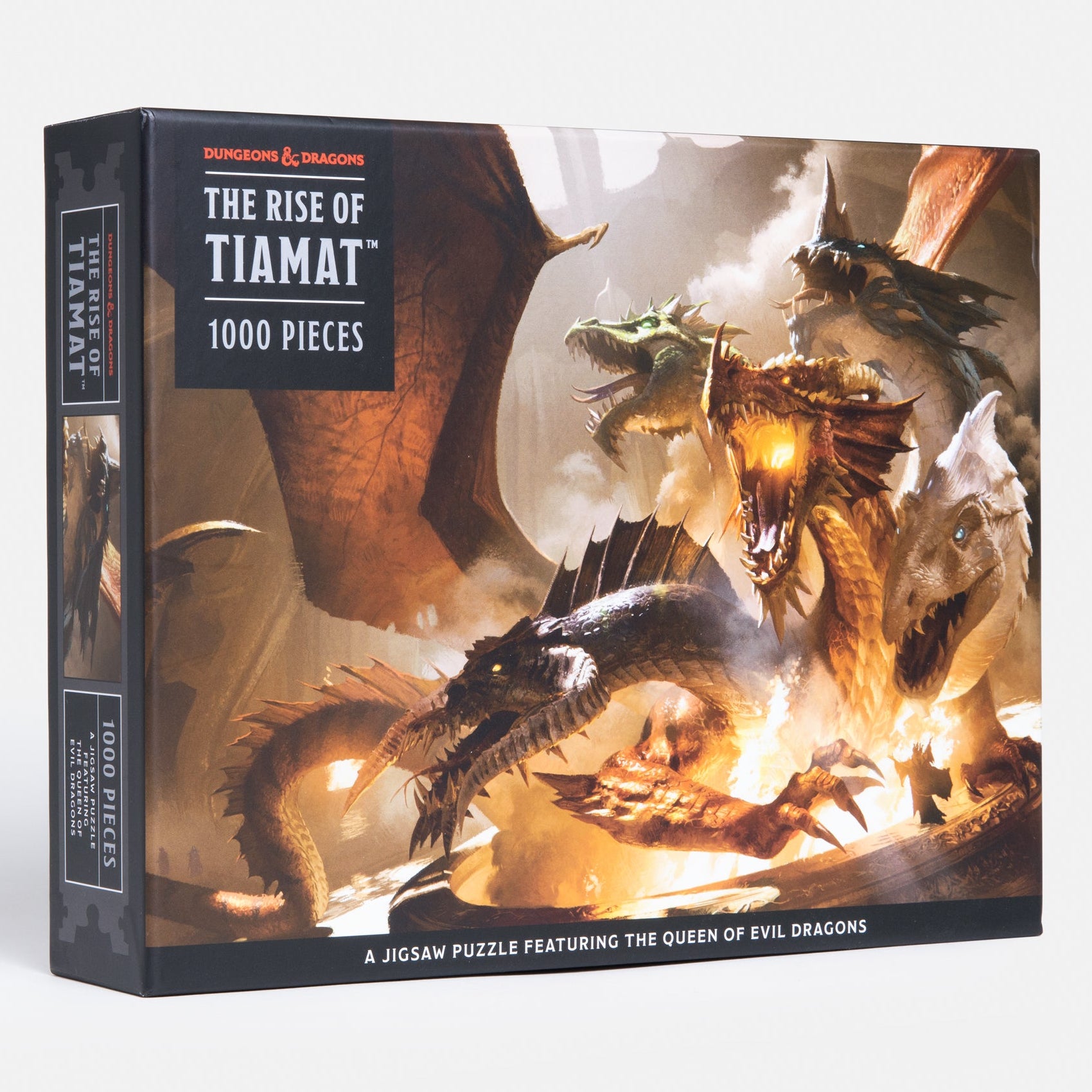 Jigsaw puzzle box featuring dragons with 'The Rise of Tiamat' branding on a white background