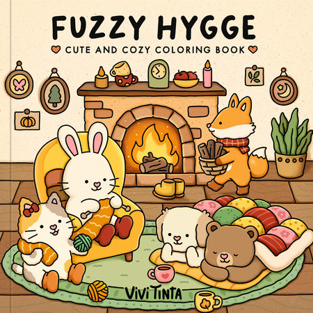 Cover of 'Fuzzy Hygge' coloring book with cartoon animals around a fireplace.