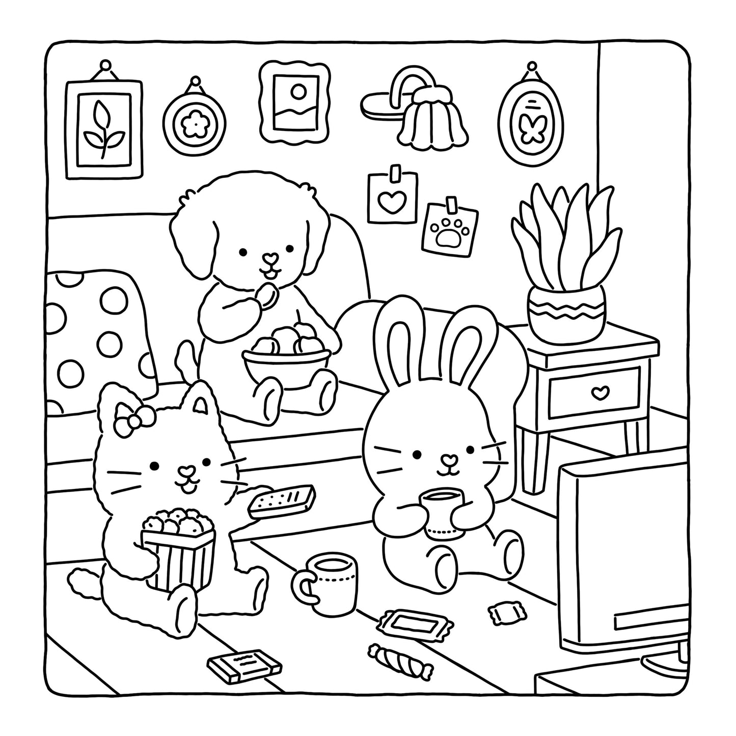 Illustration of a dog, cat, and rabbit in a room with various items while watching tv.