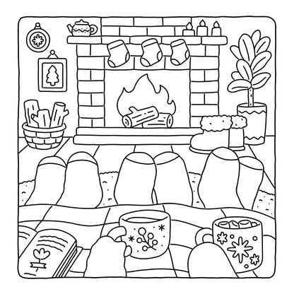 Black and white line drawing of a cozy living room with a fireplace, books, and a mug.
