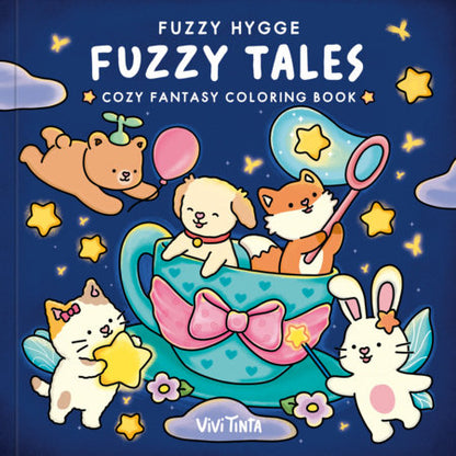 Coloring book cover with cartoon animals around a teacup on a blue background