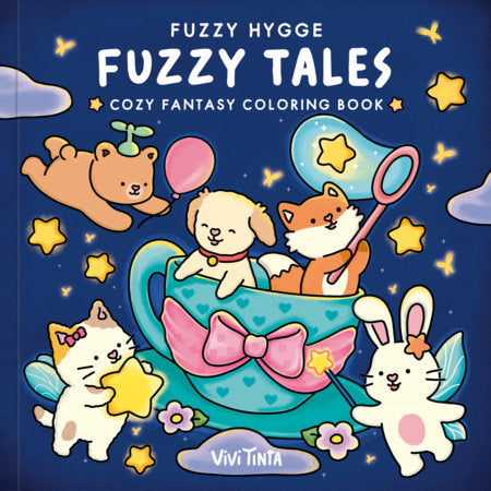 Coloring book cover with cartoon animals around a teacup on a blue background