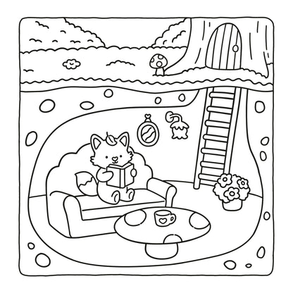 Black and white line art illustration of a cozy fantasy room scene with a fox sitting on a couch and reading, shown on a white page background.
