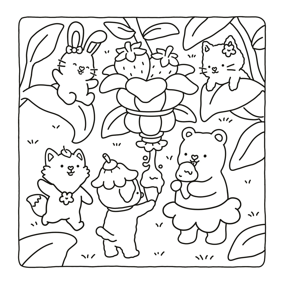 Black and white line art illustration of cute cartoon animals in a garden, including a rabbit, cat, bear, and small creatures among flowers and leaves, shown on a white background.