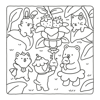 Black and white line art illustration of cute cartoon animals in a garden, including a rabbit, cat, bear, and small creatures among flowers and leaves, shown on a white background.