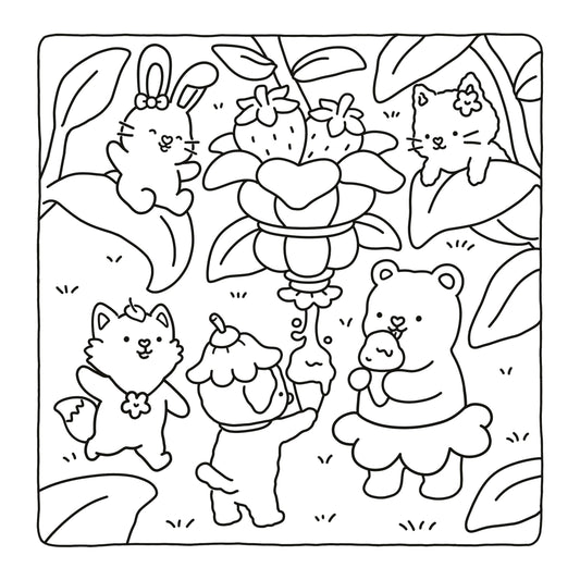 Black and white line art illustration of cute cartoon animals in a garden, including a rabbit, cat, bear, and small creatures among flowers and leaves, shown on a white background.