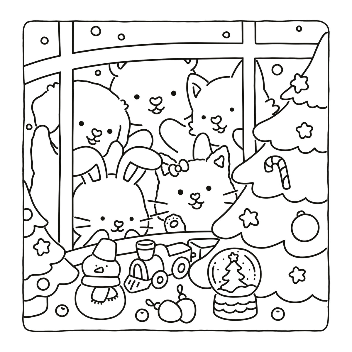 Black and white line art illustration of cute cartoon cats and a cat wearing a Santa hat, looking out from behind a window next to a decorated Christmas tree with candy canes, ornaments, and a snow globe. The image is presented on a white page with a drop shadow on the left.