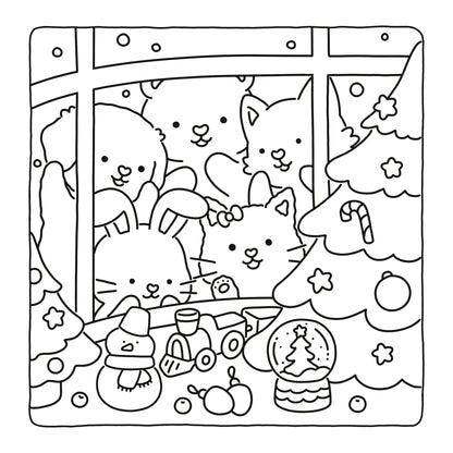 Black and white line art illustration of cute cartoon cats and a cat wearing a Santa hat, looking out from behind a window next to a decorated Christmas tree with candy canes, ornaments, and a snow globe. The image is presented on a white page with a drop shadow on the left.