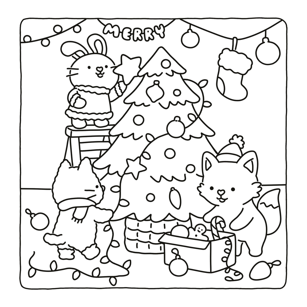 Black and white line art illustration of a festive Christmas scene with a rabbit, cat, fox, decorated tree, stockings, ornaments, and the word “MERRY” at the top, shown on a white background.