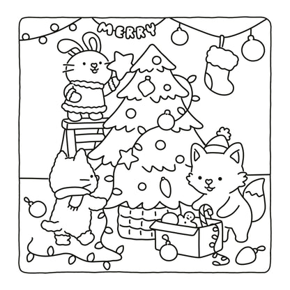 Black and white line art illustration of a festive Christmas scene with a rabbit, cat, fox, decorated tree, stockings, ornaments, and the word “MERRY” at the top, shown on a white background.