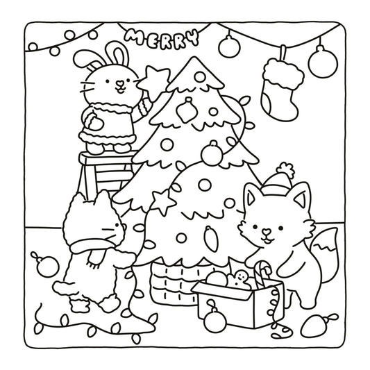 Black and white line art illustration of a festive Christmas scene with a rabbit, cat, fox, decorated tree, stockings, ornaments, and the word “MERRY” at the top, shown on a white background.