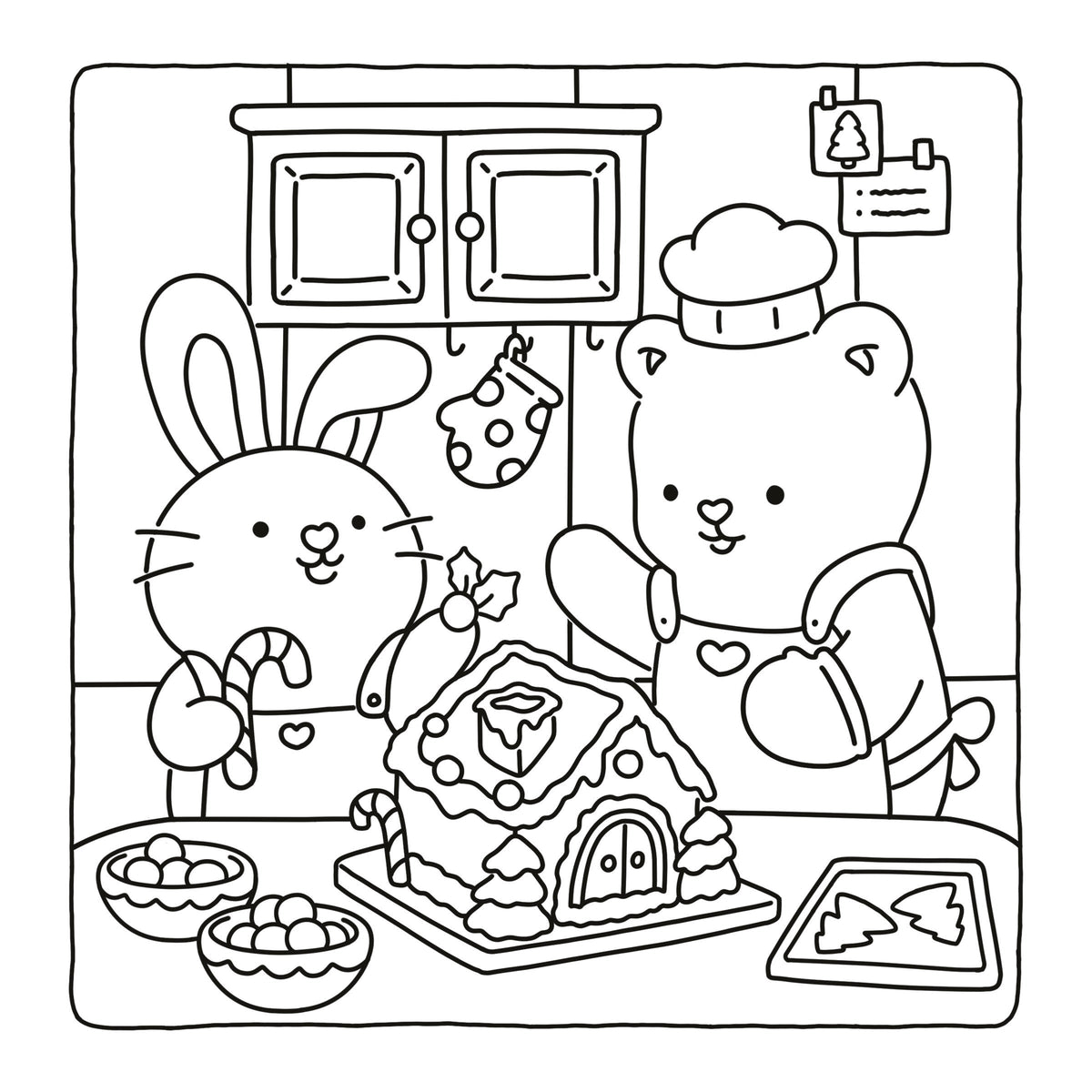 Black and white line art illustration of a bunny and a bear decorating a gingerbread house in a kitchen, shown on a white background.