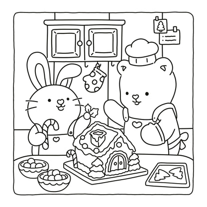 Black and white line art illustration of a bunny and a bear decorating a gingerbread house in a kitchen, shown on a white background.