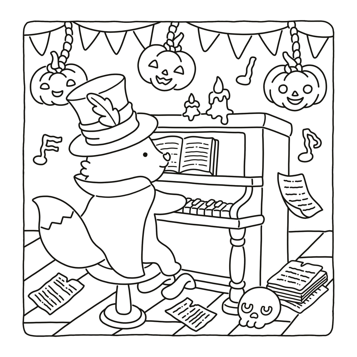 Black and white line art illustration of a ghost-like character in a top hat playing a piano in a Halloween-themed room with pumpkins, music notes, banners, and books.