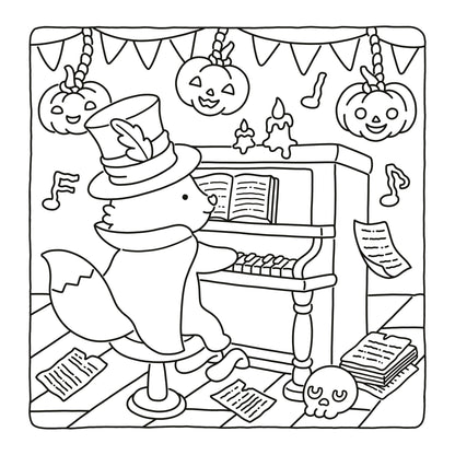 Black and white line art illustration of a ghost-like character in a top hat playing a piano in a Halloween-themed room with pumpkins, music notes, banners, and books.