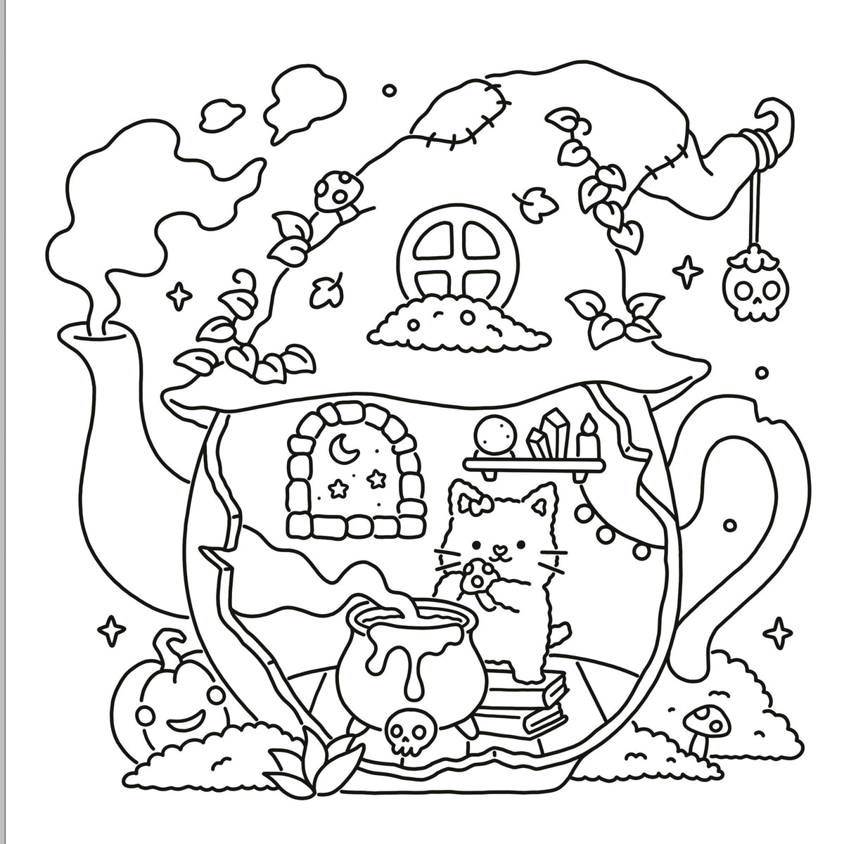 Black and white line art illustration of a whimsical haunted teapot house with a cat inside, Halloween decorations, stars, and spooky details, shown on a white background.
