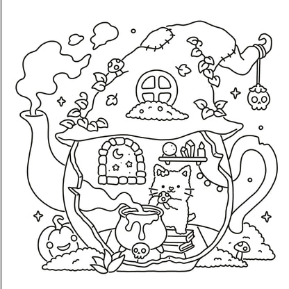 Black and white line art illustration of a whimsical haunted teapot house with a cat inside, Halloween decorations, stars, and spooky details, shown on a white background.