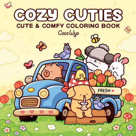 Cover of 'Cozy Cuties' coloring book with cartoon animals around a blue car.