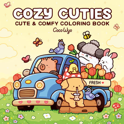 Cover of 'Cozy Cuties' coloring book with cartoon animals around a blue car.