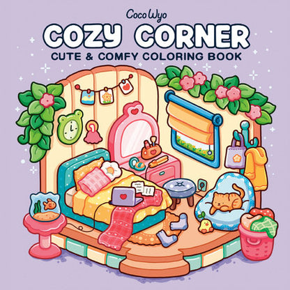 Cozy Corner coloring book cover with a bedroom illustration on a purple background