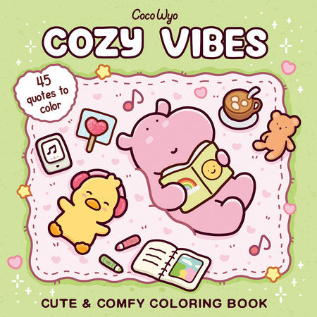 Coloring book cover with cartoon characters and text 'Cozy Vibes' on a green background
