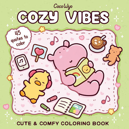 Coloring book cover with cartoon characters and text 'Cozy Vibes' on a green background