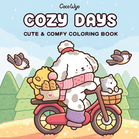 Coloring book cover titled 'Cozy Days' with a cartoon dog on a bike in a snowy landscape.