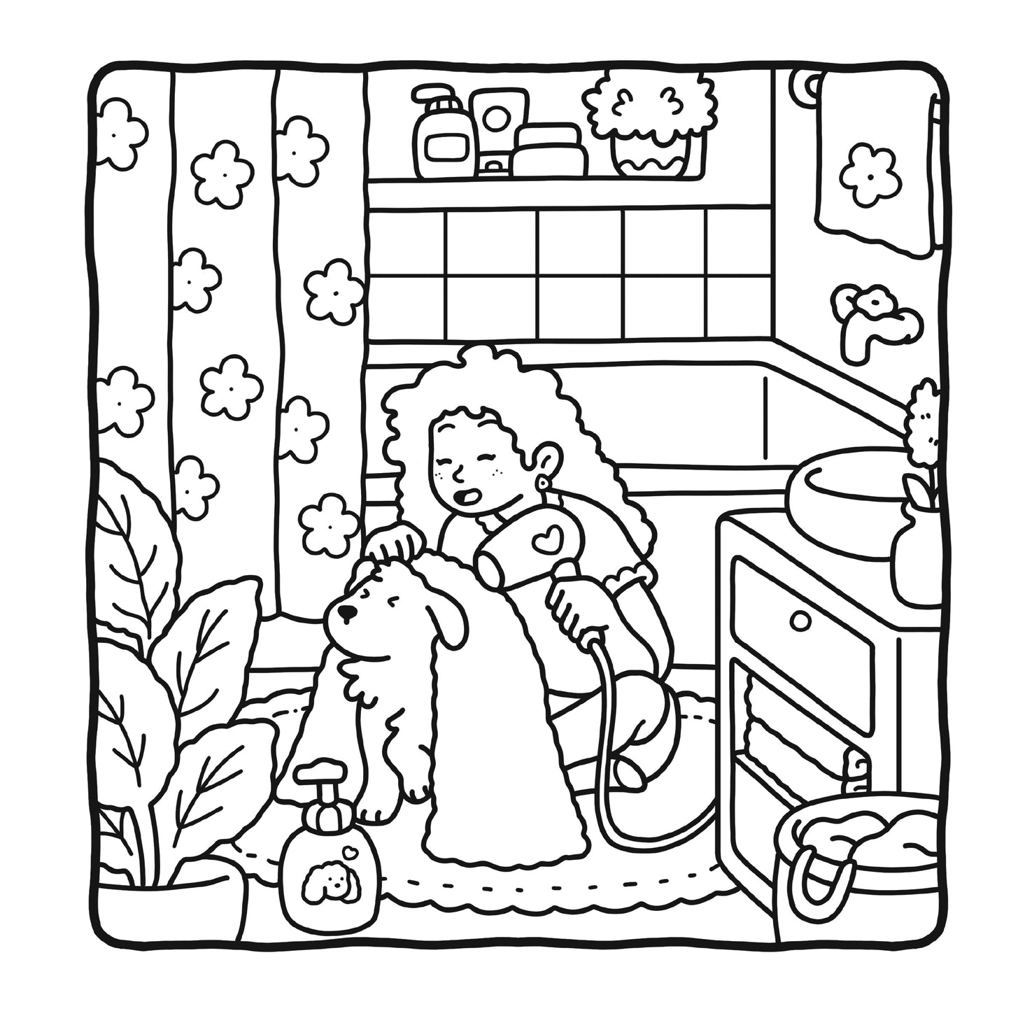 Black and white line drawing of a child playing with a toy in a room.