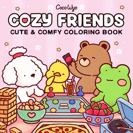 Cover of 'Cozy Friends' coloring book with cartoon characters around a table.
