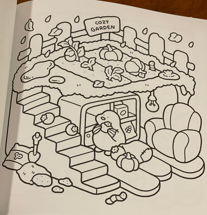 Coloring book page with a garden scene to be colored