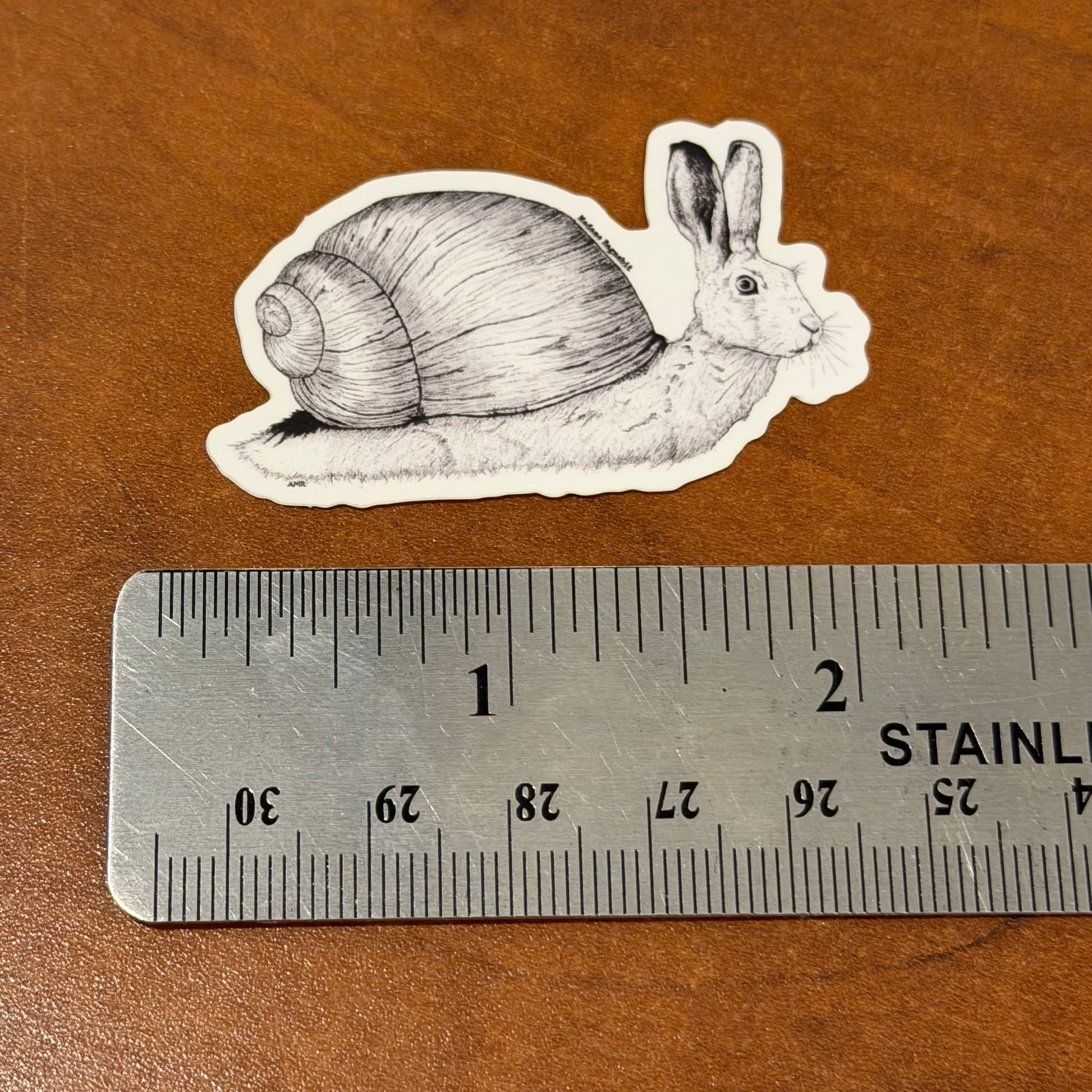 Illustration of a rabbit with a snail shell next to a ruler on a wooden surface