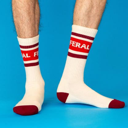 White socks with red and maroon stripes and text on a blue background