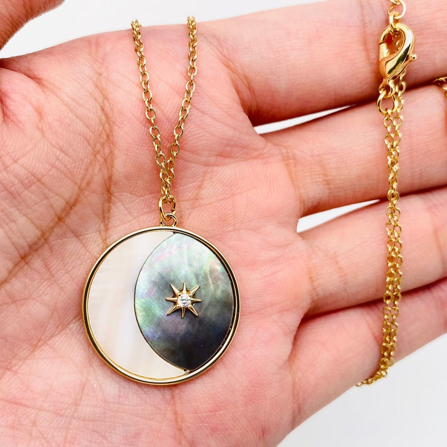 Shell inlaid Star Moon pendant necklace