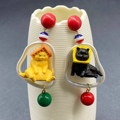 Funny Asymmetric hanging Resin Cat Earrings