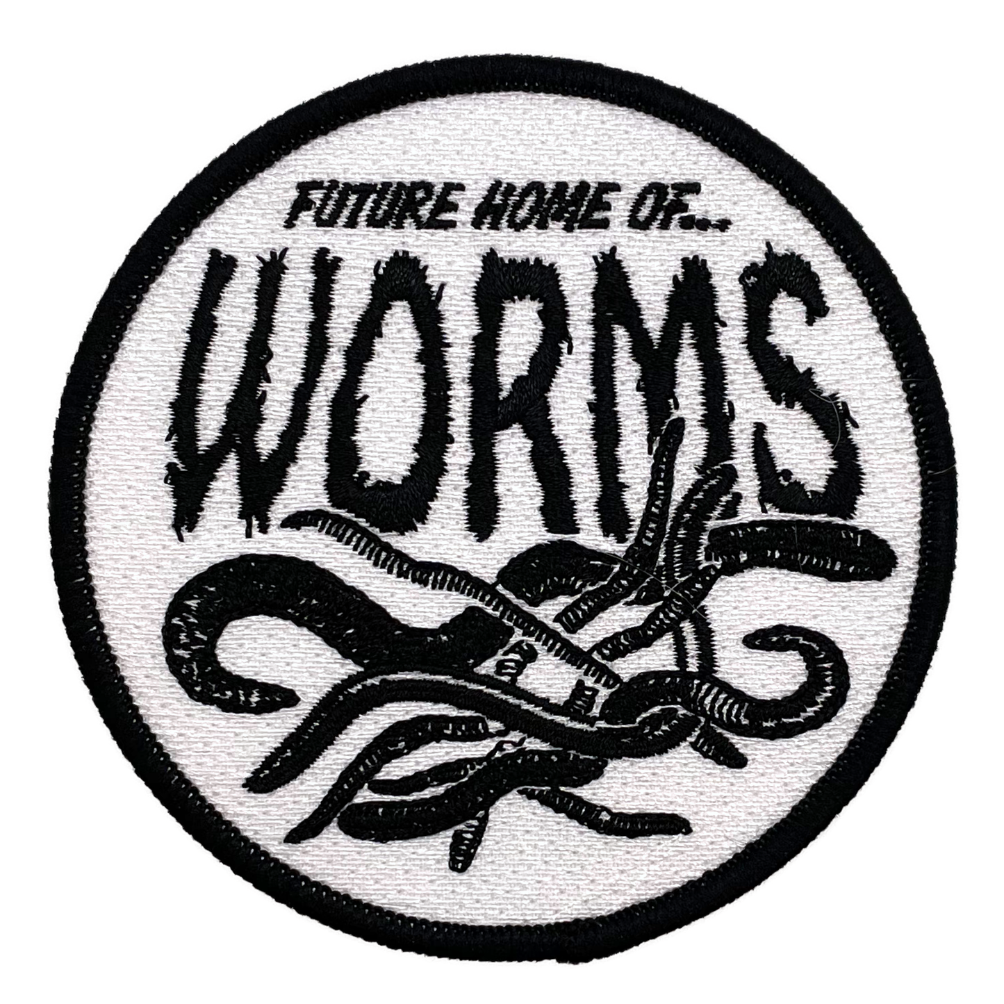 Circular patch with text 'Future Home of Worms' and worm illustrations on a white background