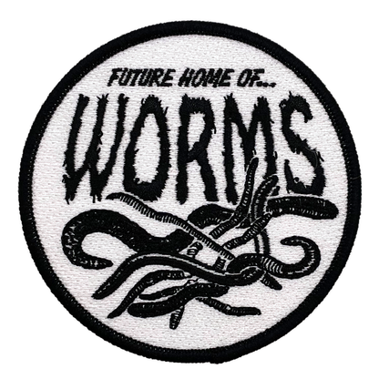 Circular patch with text 'Future Home of Worms' and worm illustrations on a white background