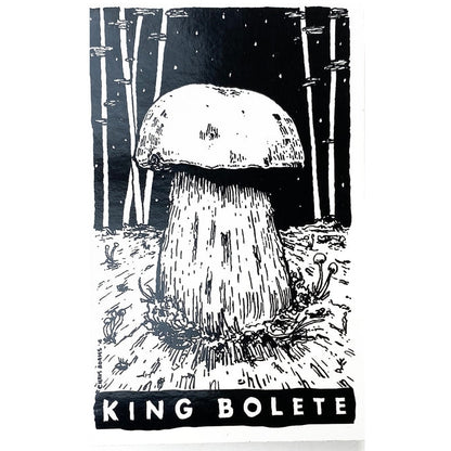 Illustration of a mushroom with 'King Bolete' text on a black background